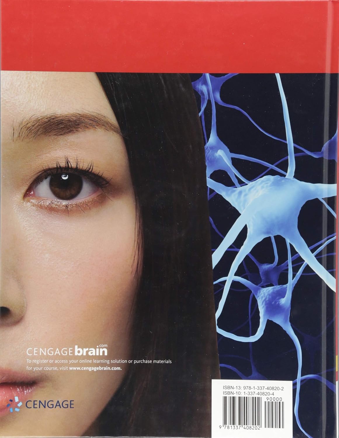 Book cover with a close-up of a person's eye and an illustration of neurons on a red background