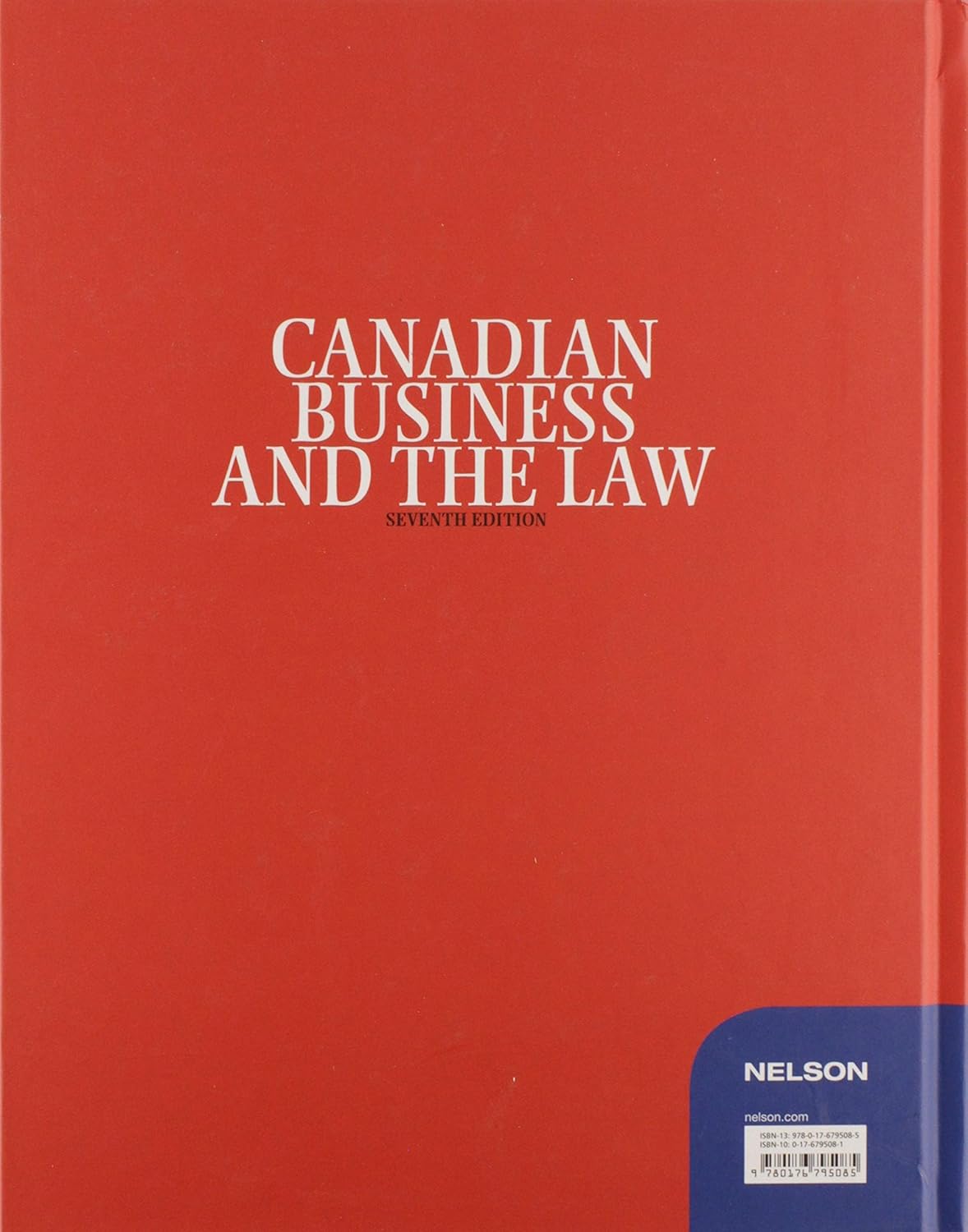 Back cover with a red background showing the book title in white text, "Canadian Business and the Law, Seventh Edition" and Nelson logo at the bottom right corner.
