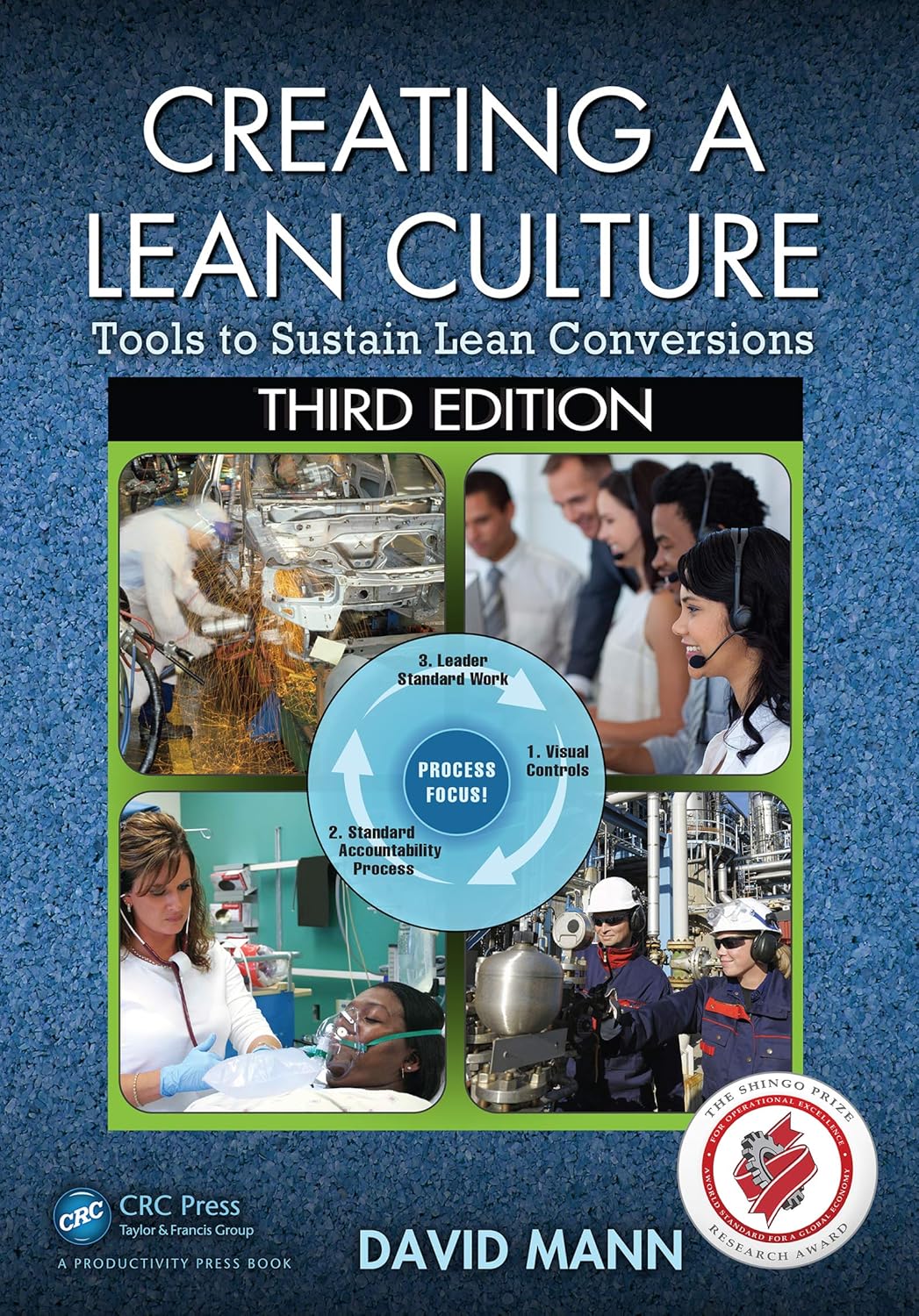 Book cover of 'Creating a Lean Culture' with images of people and processes on a blue background.