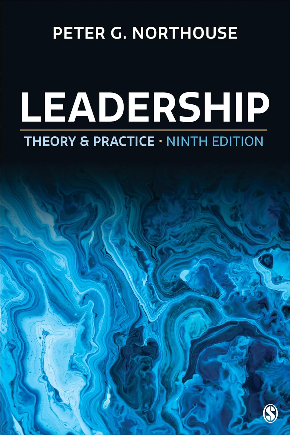 Book cover of 'Leadership: Theory & Practice' by Peter G. Northouse with a blue abstract design on a black background.