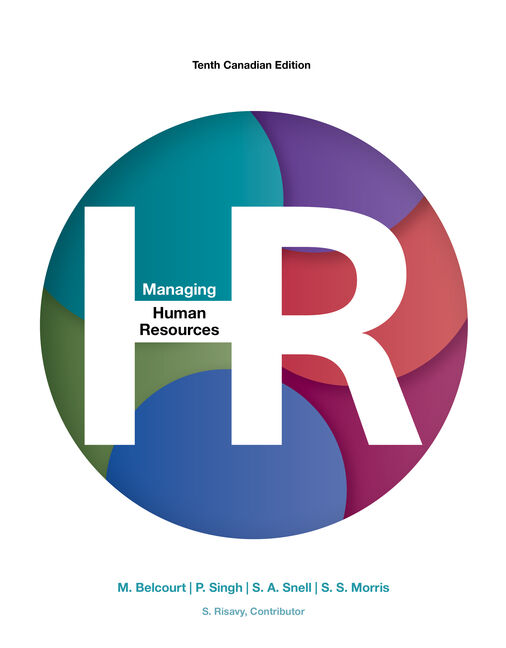 Book cover for 'Managing Human Resources' 10th Canadian Edition, featuring a large stylized 'HR' inside a multicolored circular graphic on a white background.