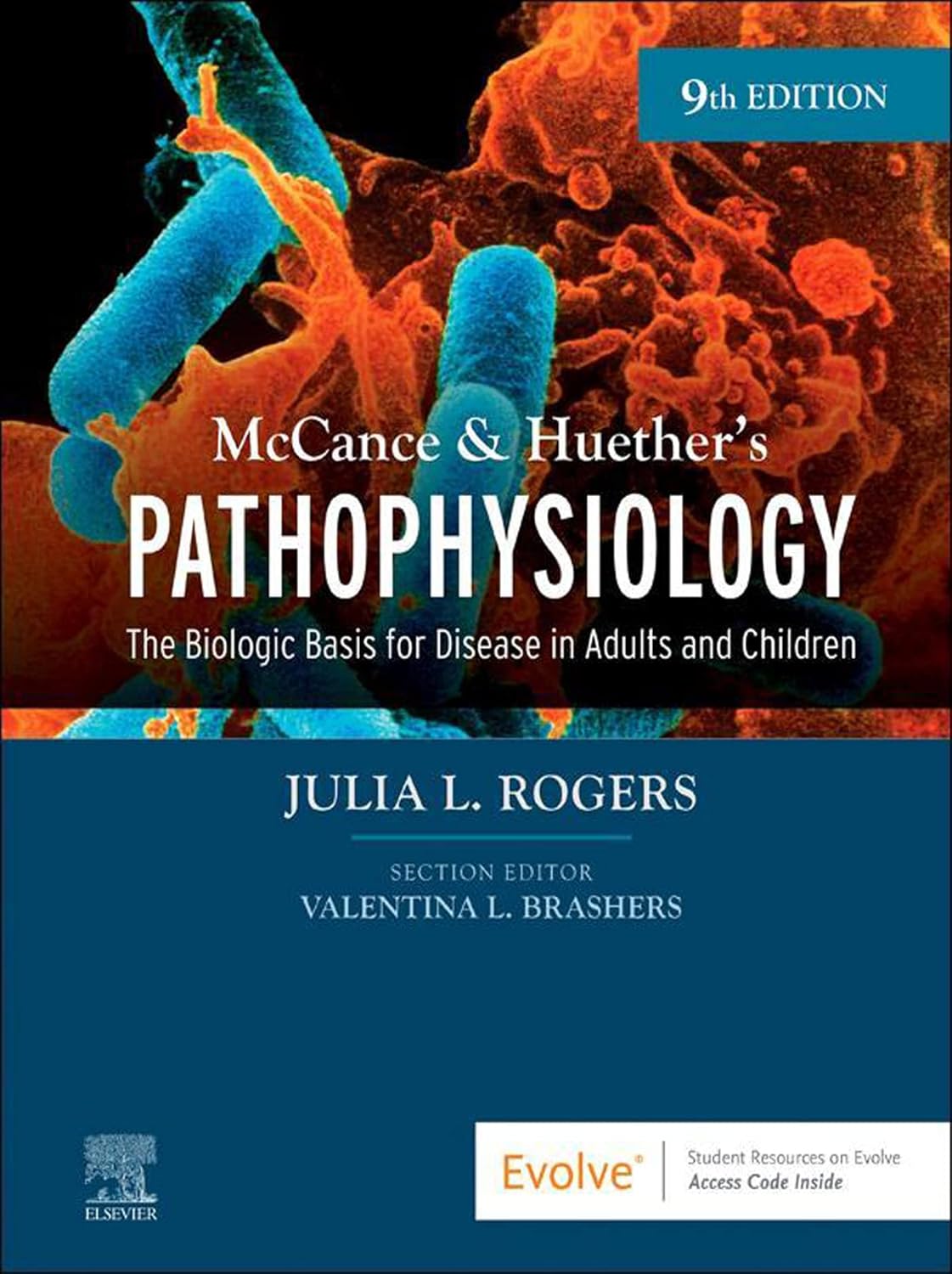 Book cover of 'McCance & Huether's Pathophysiology' with microscopic images and text.