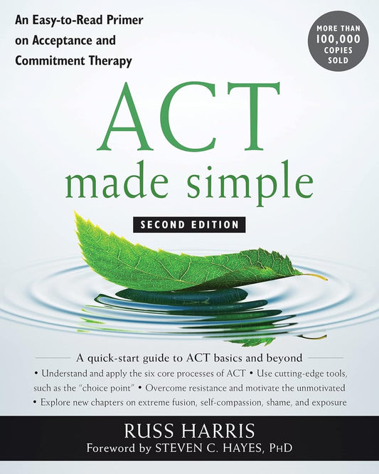 Book cover of 'ACT Made Simple' by Russ Harris with a leaf on water illustration.