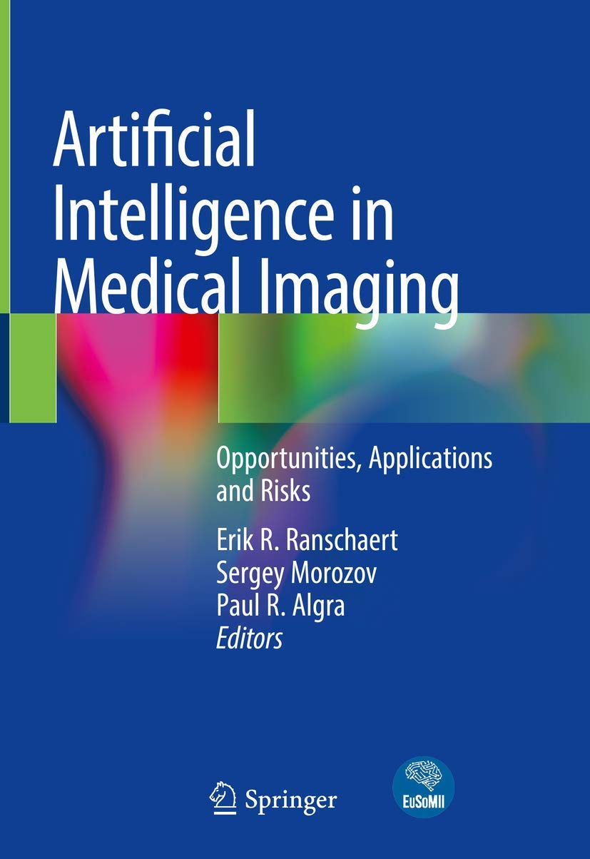 Book cover of 'Artificial Intelligence in Medical Imaging' with colorful abstract design on a blue background.