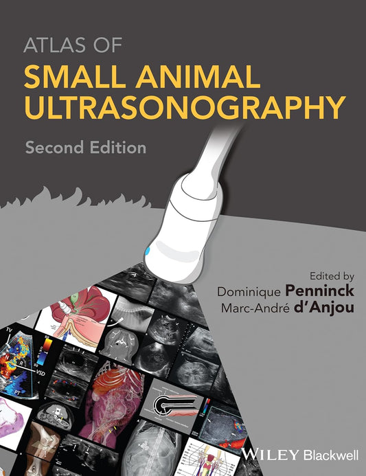 Book cover of 'Atlas of Small Animal Ultrasonography' with an ultrasound probe and images on a gray background.