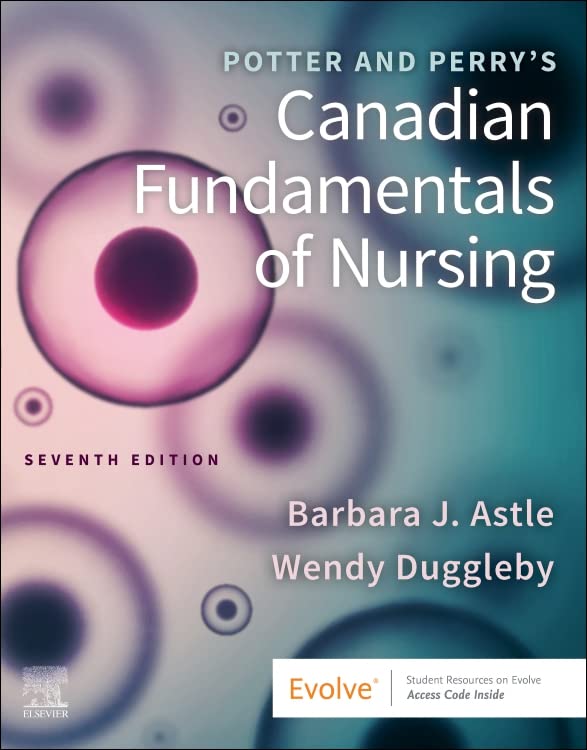 Front cover of the nursing textbook Potter and Perry's Canadian Fundamentals of Nursing, Seventh Edition, with large white title text over a teal and lavender abstract background and Evolve branding at the bottom.