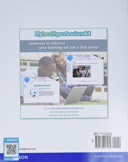 Back cover of a book with text and images of people using a computer, featuring resources for health professions education.