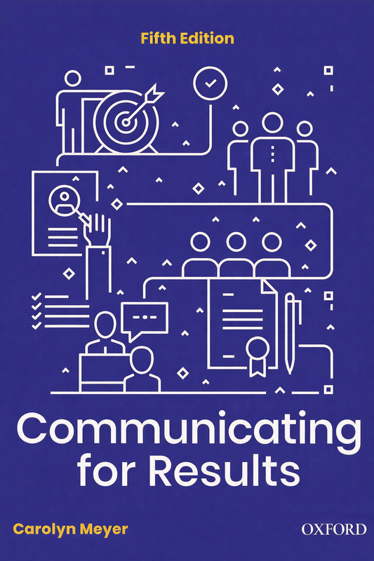 Book cover of 'Communicating for Results' by Carolyn Meyer with blue background and white line art.