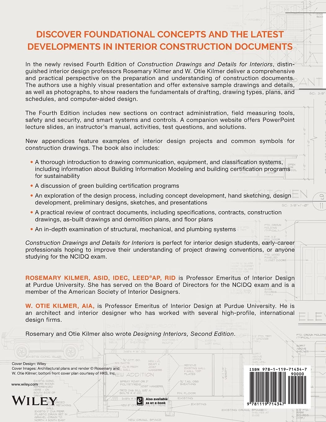 Book back cover with text about construction drawings and details for interiors, featuring Wiley logo.