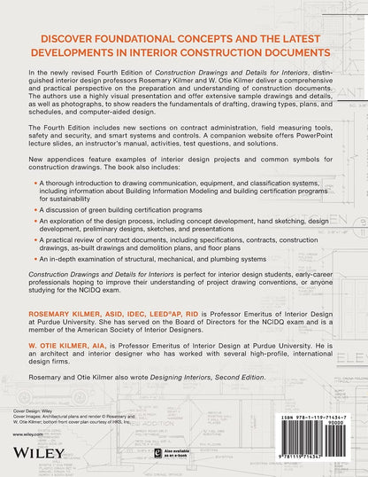 Book back cover with text about construction drawings and details for interiors, featuring Wiley logo.