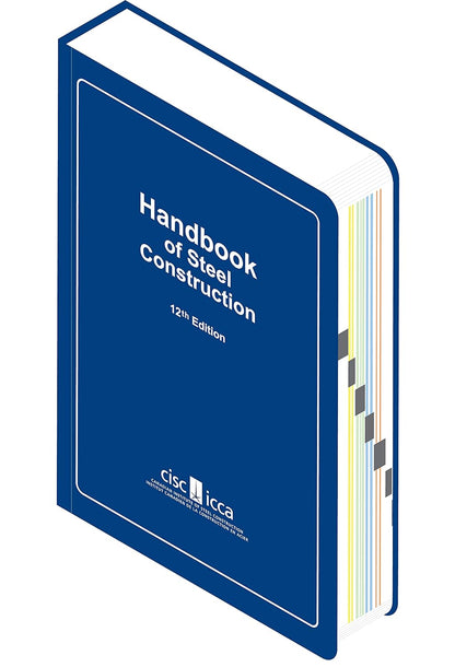 Isometric view of a blue book titled 'Handbook of Steel Construction, 12th Edition' by CISC.