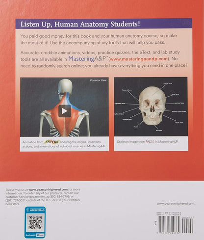 Back cover of a human anatomy textbook with text and images of a skeleton and muscles.