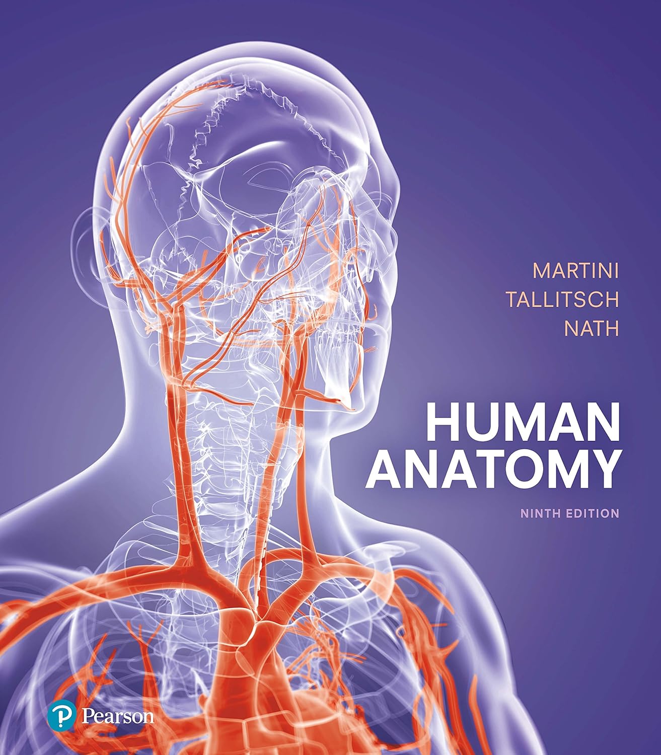 Book cover of 'Human Anatomy' with a transparent human figure and orange血管 on a purple background