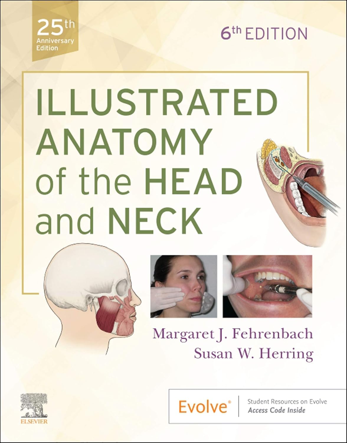 Text-heavy medical book cover featuring anatomical illustrations of the head and neck, including muscle and oral cavity diagrams, plus small clinical photos showing gloved hands examining a patient’s face and mouth.