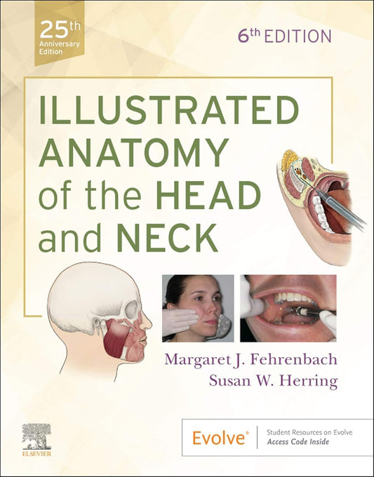Text-heavy medical book cover featuring anatomical illustrations of the head and neck, including muscle and oral cavity diagrams, plus small clinical photos showing gloved hands examining a patient’s face and mouth.
