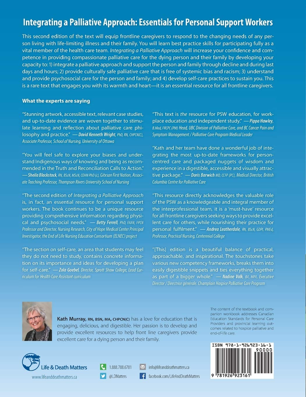 Back cover of a book titled 'Integrating a Palliative Approach: Essentials for Personal Support Workers' with text and a barcode.
