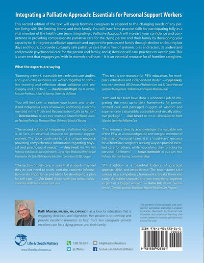 Back cover of a book titled 'Integrating a Palliative Approach: Essentials for Personal Support Workers' with text and a barcode.