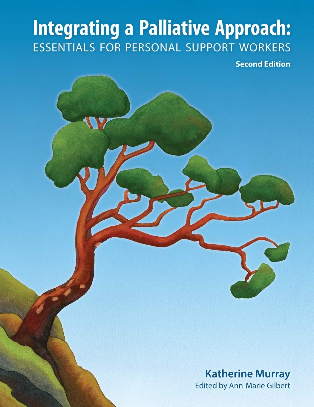 Book cover of 'Integrating a Palliative Approach' with a tree illustration on a blue background.