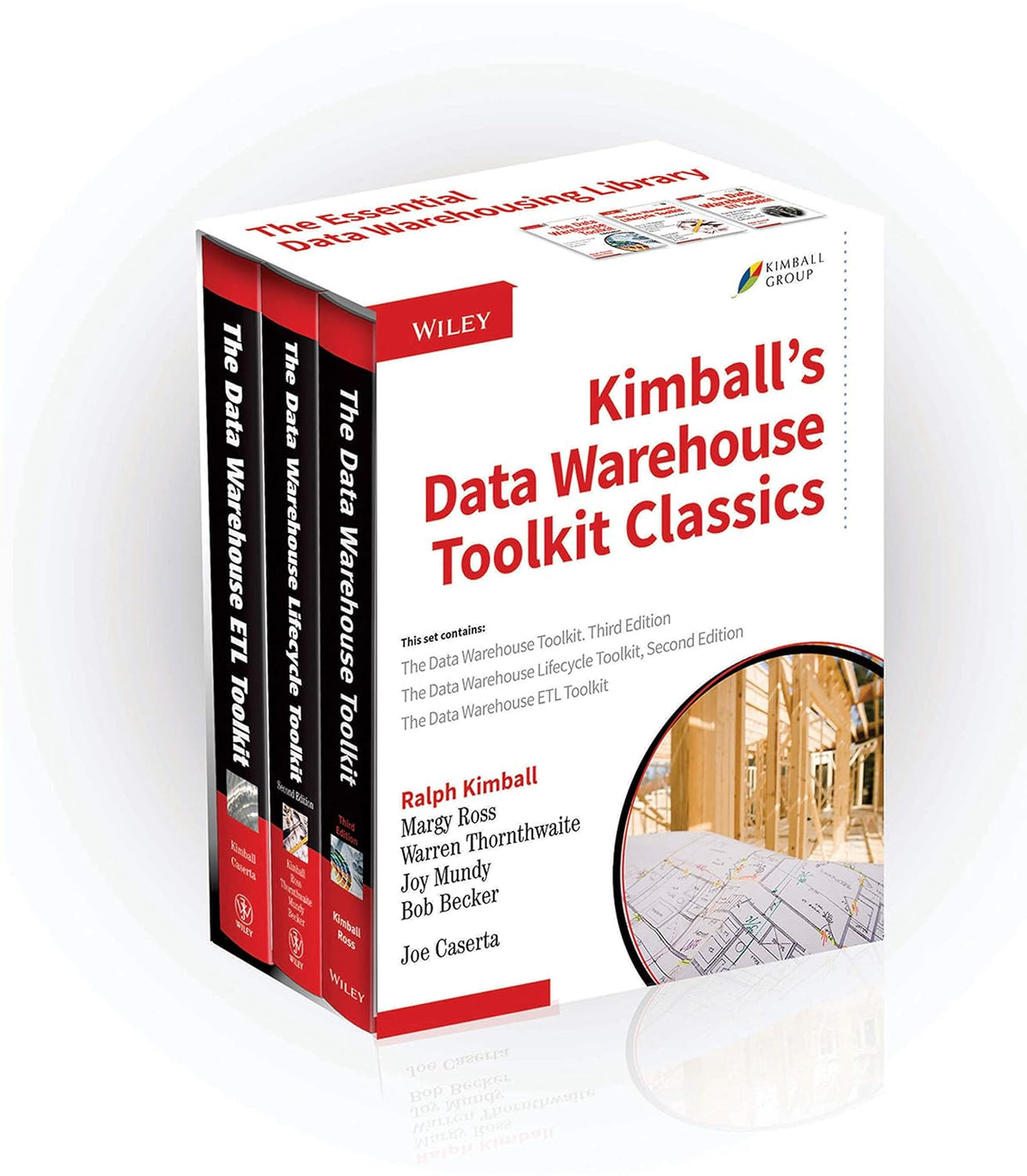 Kimball's Data Warehouse Toolkit Classics book set by Wiley, featuring three volumes with a white and red cover design and a small circular photo inset on the front cover.