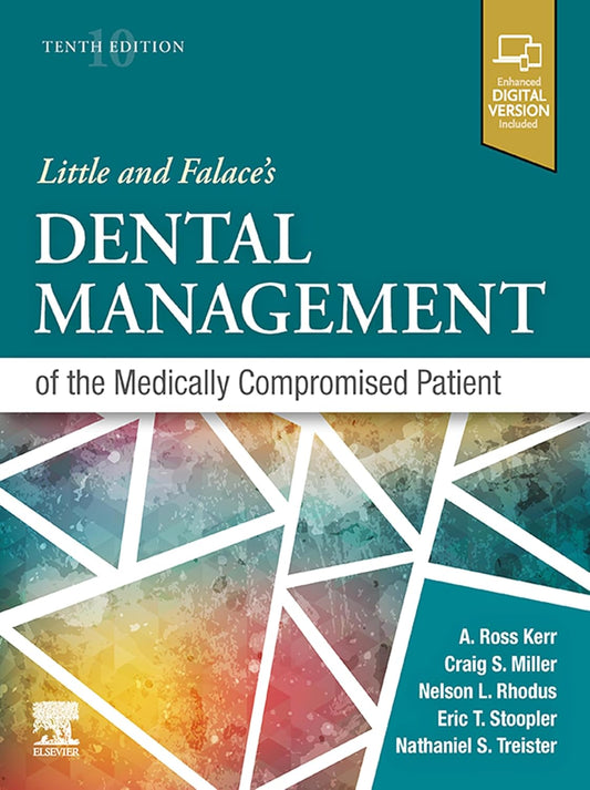 Book cover of 'Little and Falace's Dental Management of the Medically Compromised Patient' with a colorful geometric design on a teal background.