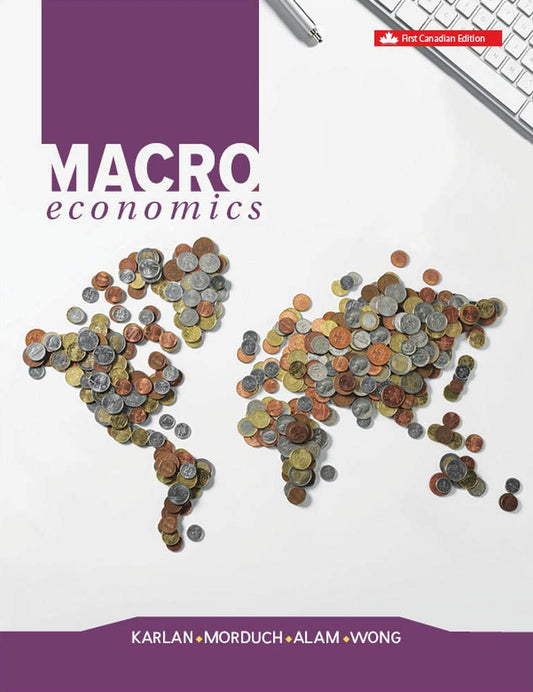 Book cover of 'Macroeconomics' with world map made of coins and purple and white design.