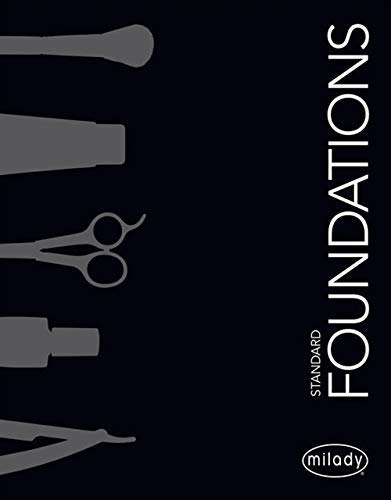Book cover of 'Foundations Standard' by Milady with silhouettes of hair styling tools on a black background.