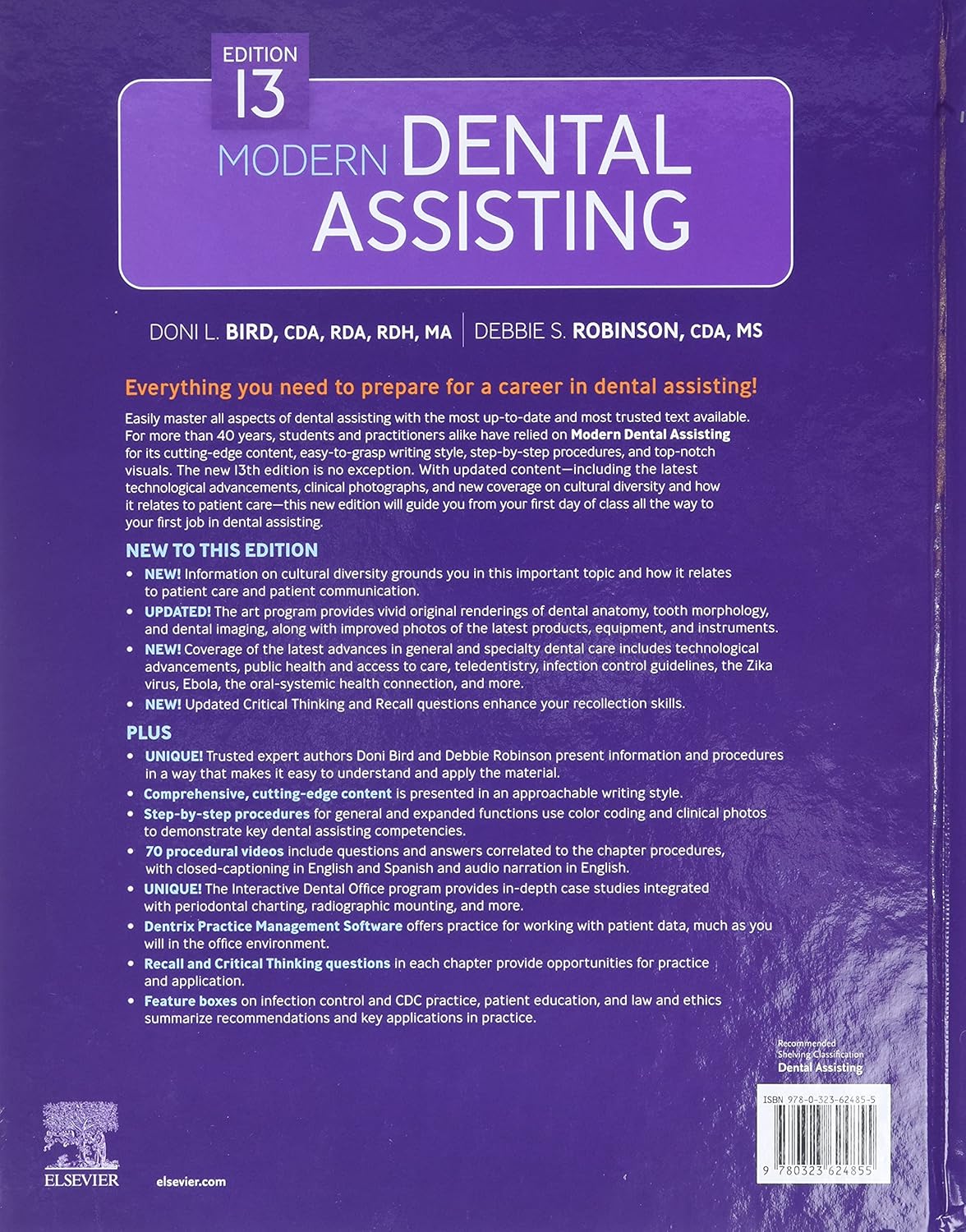 Back cover of a dental assisting textbook with purple color scheme and text.