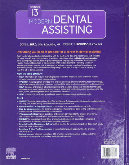 Back cover of a dental assisting textbook with purple color scheme and text.