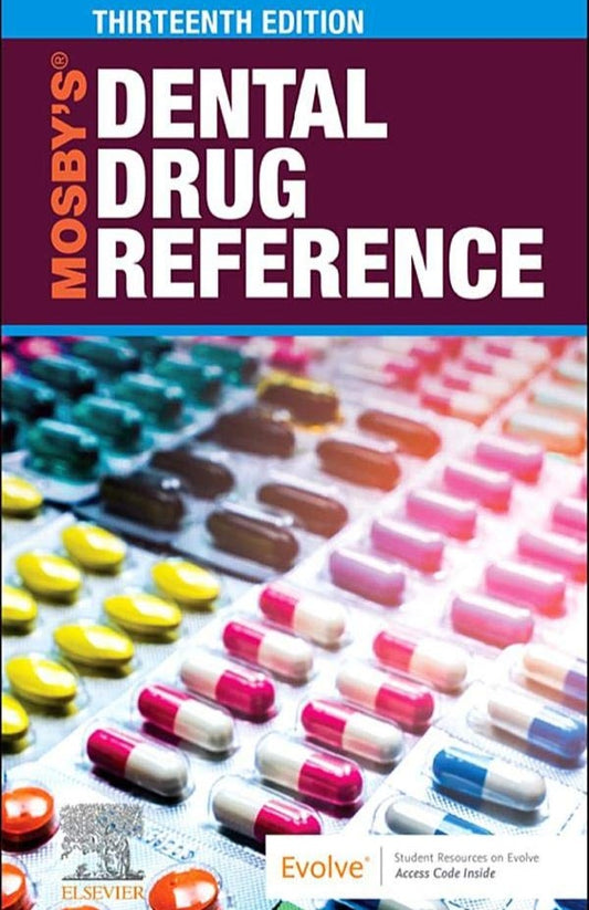 Book cover of Mosby's Dental Drug Reference with colorful medications on a blue background