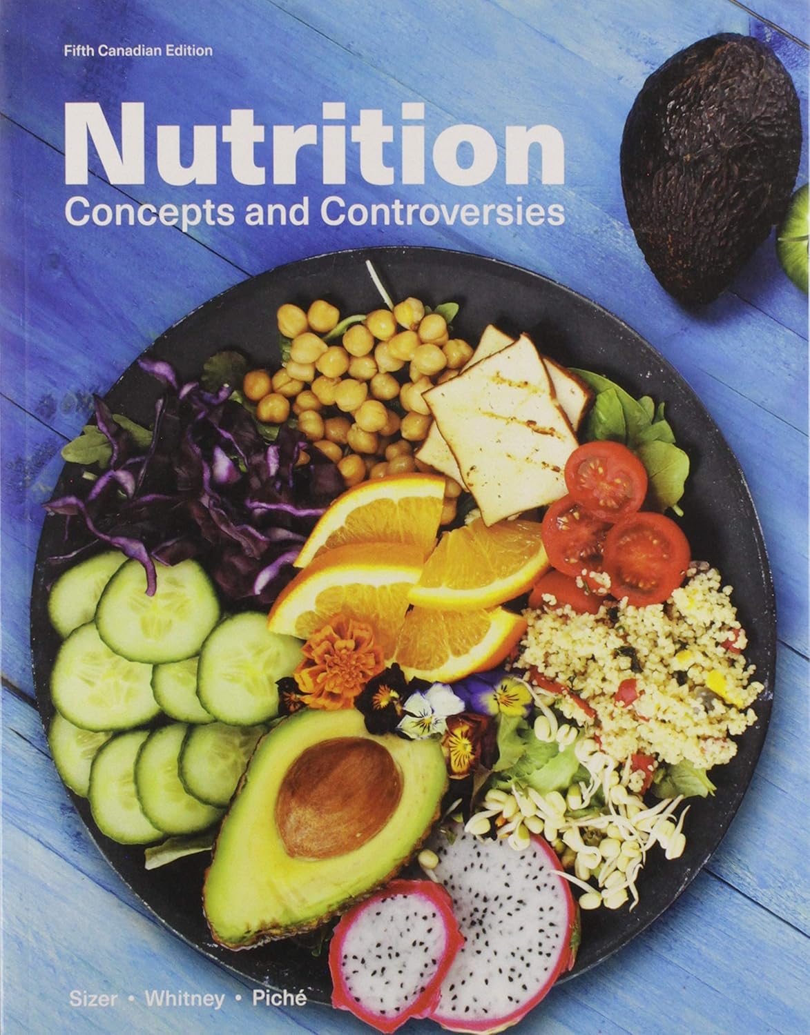 Book cover of 'Nutrition: Concepts and Controversies' with a plate of food on a blue background