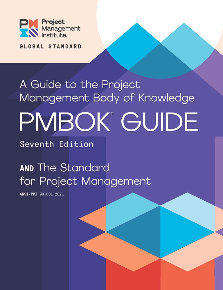 Cover of the 'A Guide to the Project Management Body of Knowledge (PMBOK® Guide), 7th Edition' featuring geometric shapes in various shades of purple and blue.