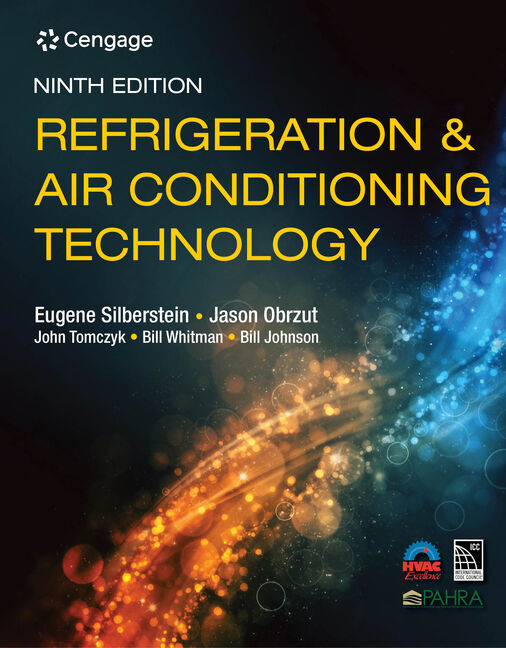 Book cover of 'Refrigeration & Air Conditioning Technology' by Cengage, featuring a dynamic background with orange and blue elements.