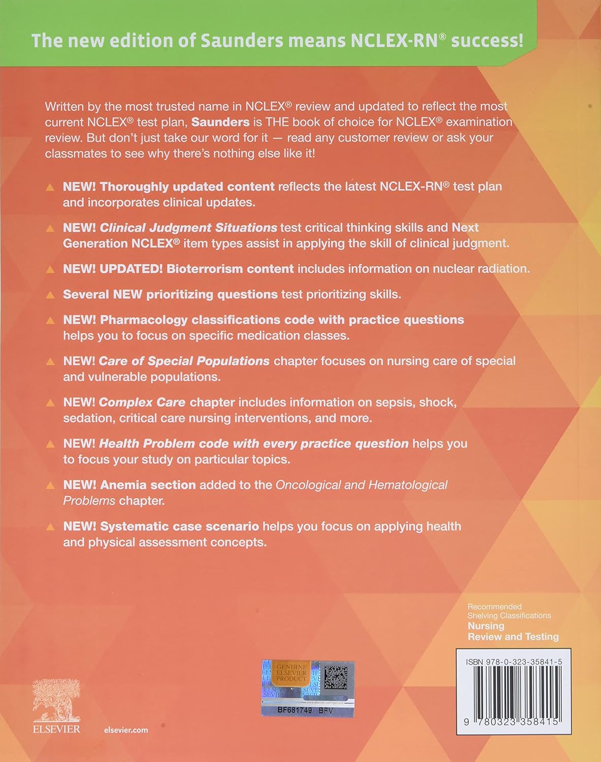 Back cover of a book with text about NCLEX-RN success and updated content.