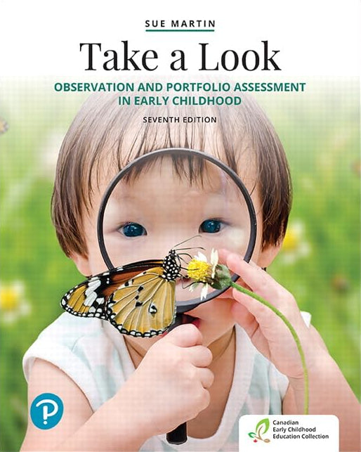 Book cover of 'Take a Look: Observation and Portfolio Assessment in Early Childhood' by Sue Martin, featuring a child with a magnifying glass and butterfly.