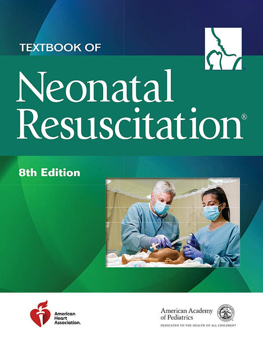 A blue and green textbook cover with a picture of two medical workers providing care for an infant baby. 