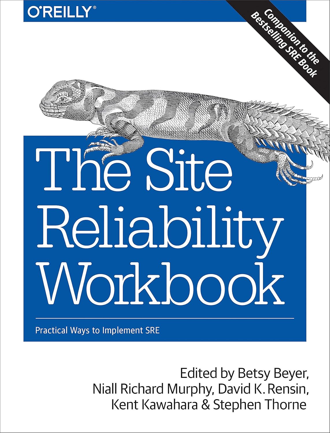Book cover of 'The Site Reliability Workbook' with a lizard illustration on a white background