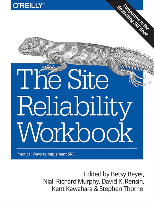 Book cover of 'The Site Reliability Workbook' with a lizard illustration on a white background