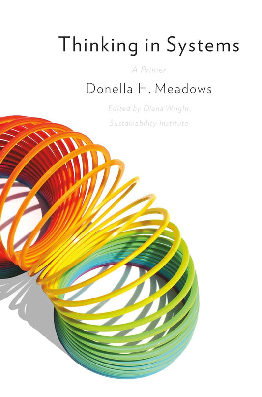 Book cover of 'Thinking in Systems' by Donella H. Meadows with colorful springs on a white background